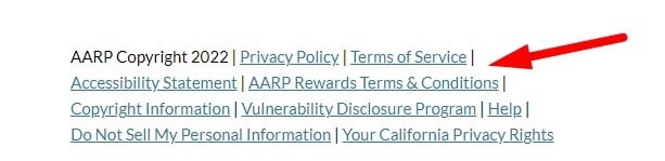AARP newsletter sign-up form footer with Terms of Service and Terms of Conditions links highlighted