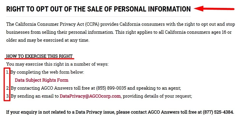 AGCO Do Not Sell My Information page excerpt