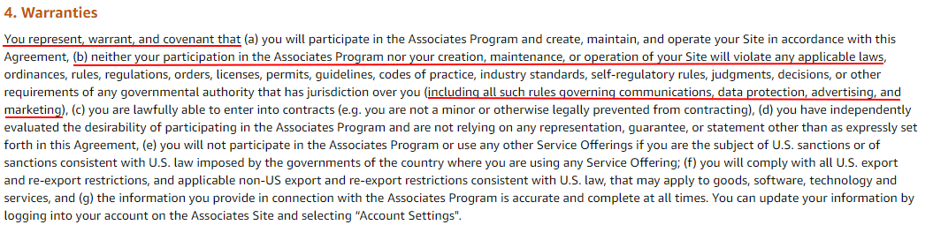 Amazon Associates Program Operating Agreement: Warranties clause - updated
