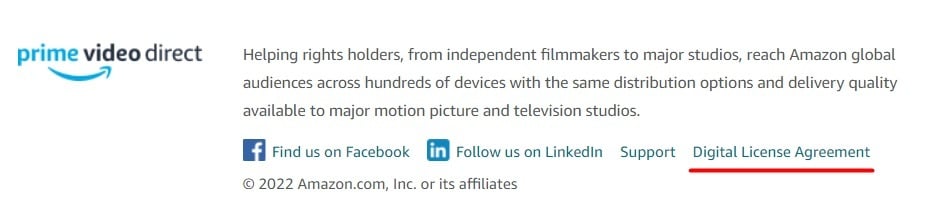 Amazon Prime Video Direct sign-up page with Digital License Agreement link highlighted