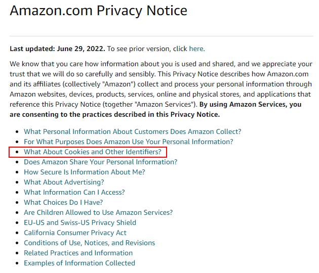 Amazon Privacy Notice Table of Contents with Cookies clause highlighted