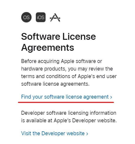 Apple Legal page with Find your software license agreement link highlighted