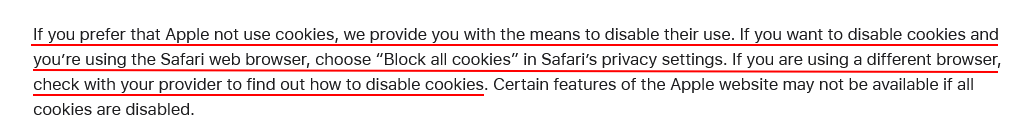 Apple Privacy Policy: Cookies and Other Technologies clause - Disable cookies excerpt