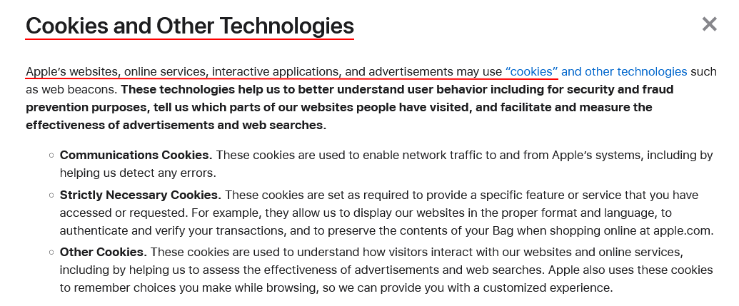 Apple Privacy Policy: Cookies and Other Technologies clause excerpt