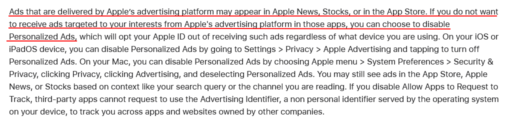 Apple Privacy Policy: Cookies and Other Technologies clause - Targeted ads excerpt