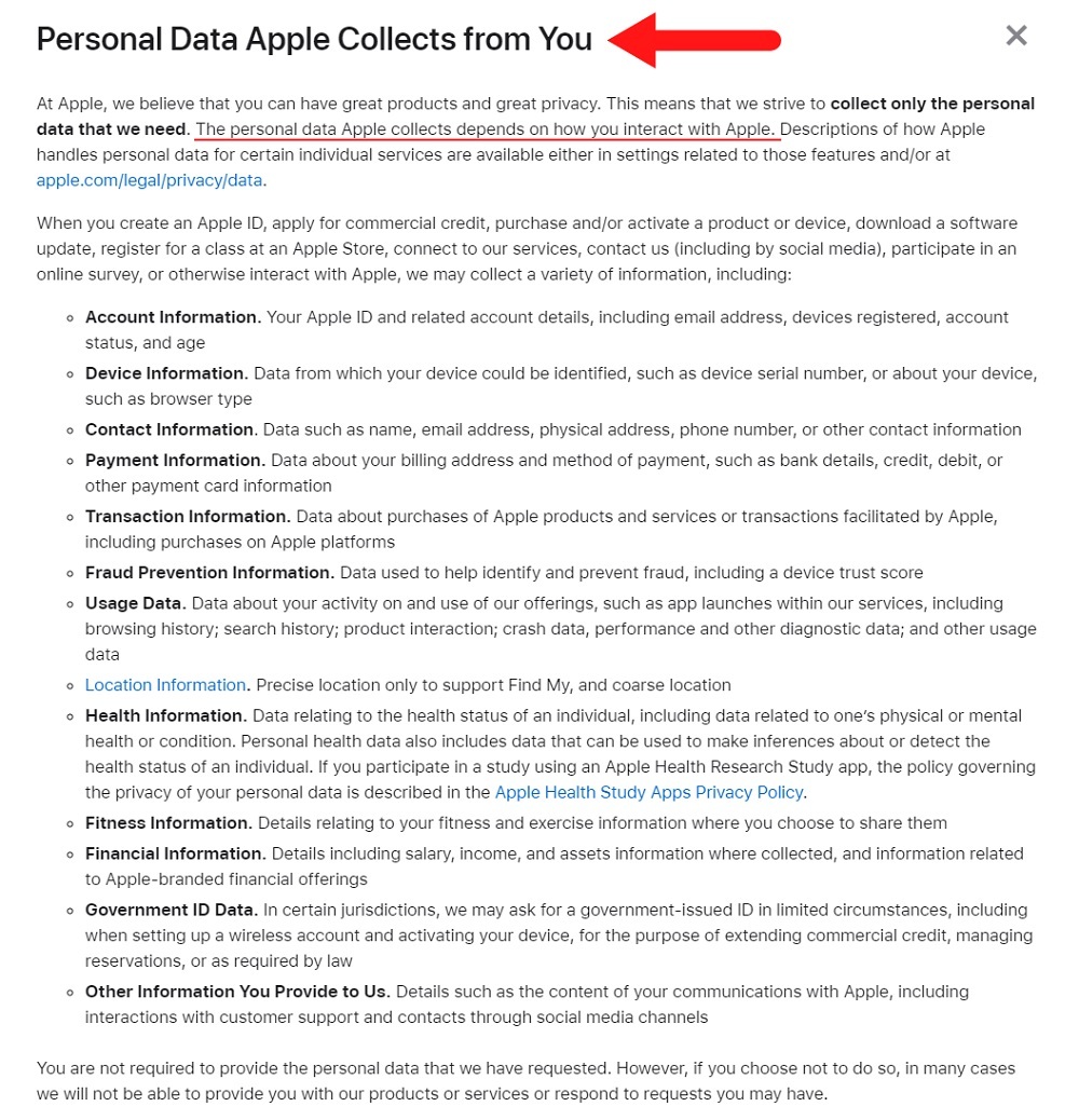 Apple Privacy Policy: Personal Data Apple Collects from You clause