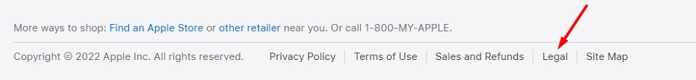 Apple Store website footer with Legal link highlighted
