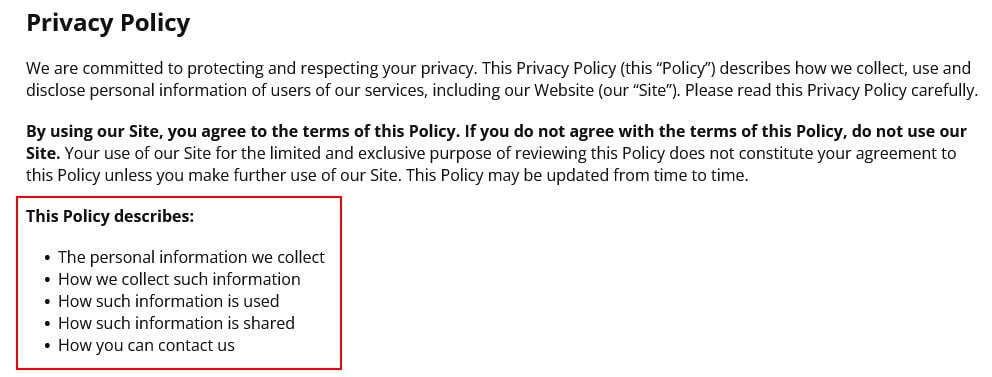 Arts International Bakery Privacy Policy intro clause