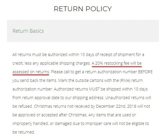 Autograph Foliages Return Policy: Return Basics clause - Restocking fee highlighted