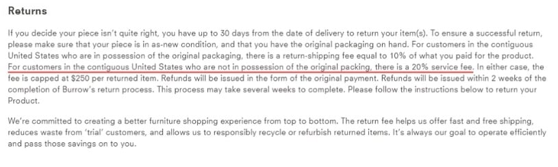 Burrow Returns Policy: Original packaging service fee section