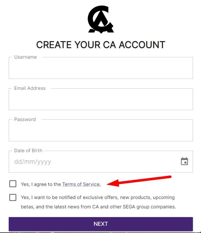 Creative Assembly Create Account form with Terms of Service link highlighted