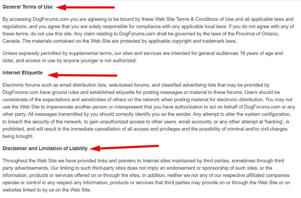 Dog Forums Terms of Use excerpt