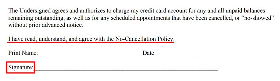 Dyad Psychology No-Cancellation Policy form - Consent section