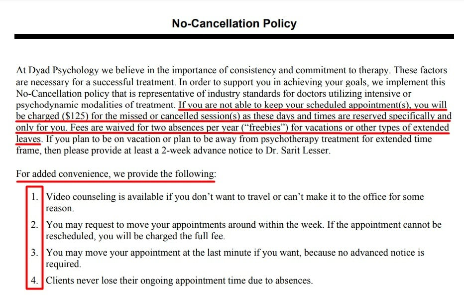 Dyad Psychology No-Cancellation Policy form excerpt