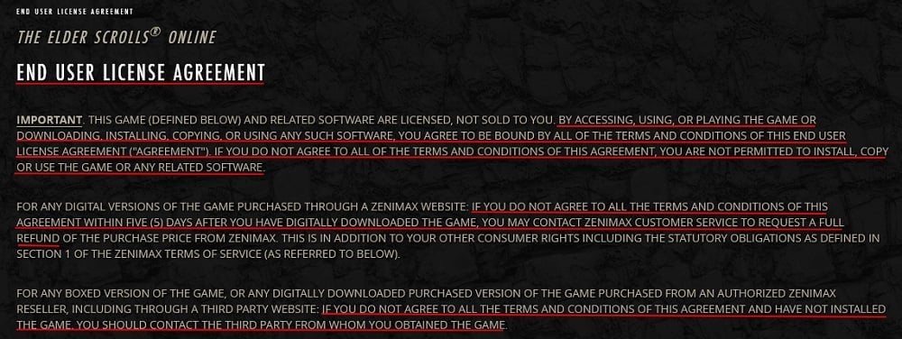 Elder Scrolls online game EULA intro clauses