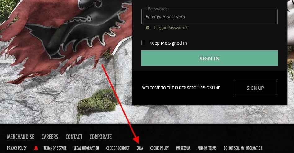 Elder Scrolls online game sign-in form with EULA link highlighted