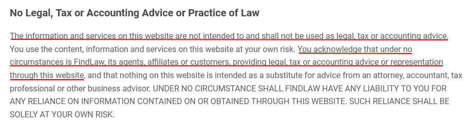 FindLaw Terms of Use: Legal Disclaimer clause