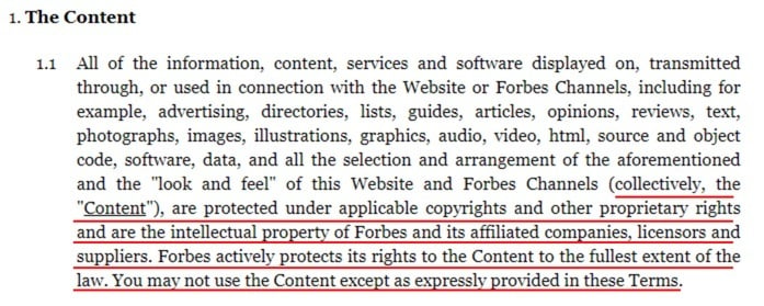 Forbes Terms and Conditions: Content clause with intellectual property section highlighted