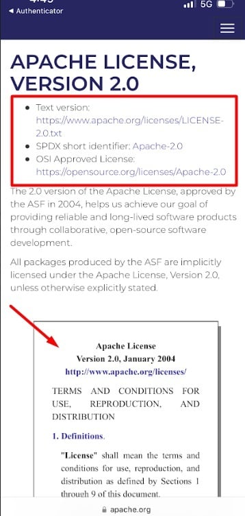 Google Authenticator app: Apache License and Terms and Conditions intro