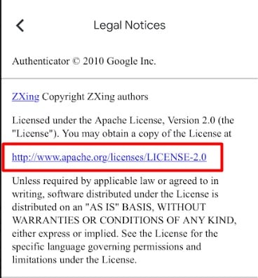 Google Authenticator app Legal notices screen with License link highlighted