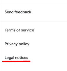 Google Authenticator app menu with Legal notices link highlighted