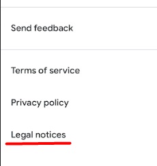 Google Authenticator app menu with Legal notices link highlighted