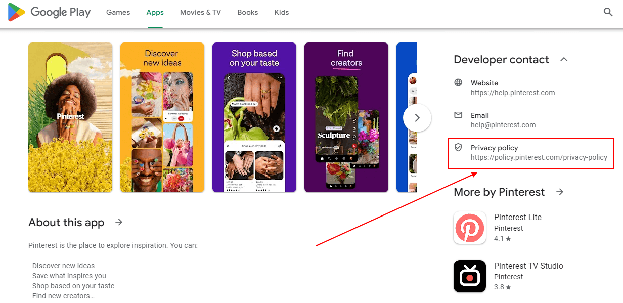 Google Play App Store: Pinterest app listing page with Privacy Policy URL highlighted