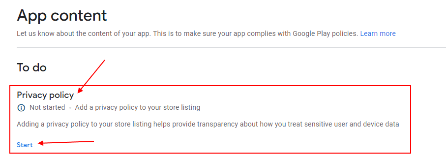 Google Play Console dashboard: App Content section - Privacy Policy