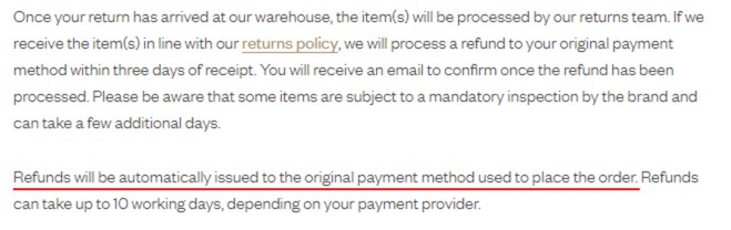 Harrods Returns Policy: Refund method section highlighted