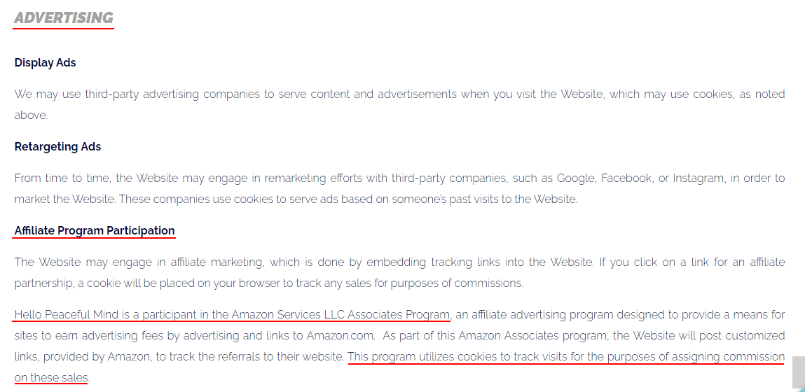 Hello Peaceful Mind Privacy Policy: Advertising clause - Affiliate Program Participation section highlighted