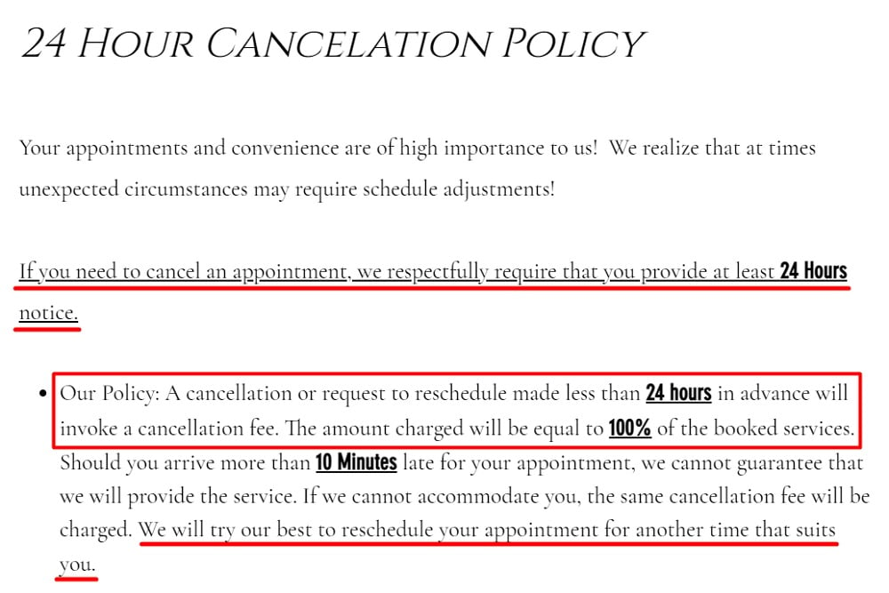 The Hideaway Cancellation Policy: 24 hour notice section