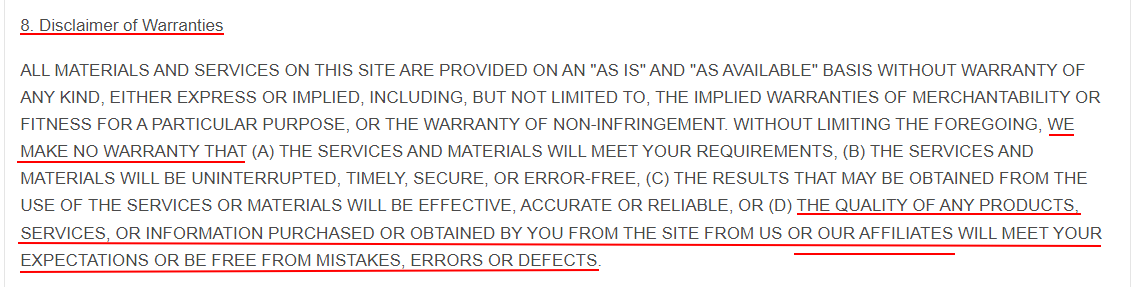 IT Guys Terms of Use: Disclaimer of Warranties clause excerpt