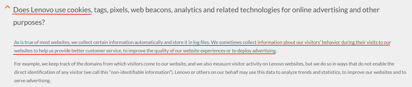 Lenovo Privacy Policy: Cookies clause excerpt