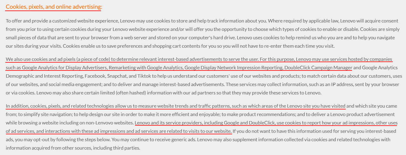 Lenovo Privacy Policy: Cookies Pixels and Online Advertising clause excerpt