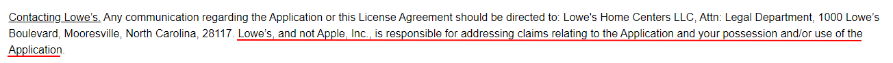 Lowes Mobile App License Agreement: Contact clause