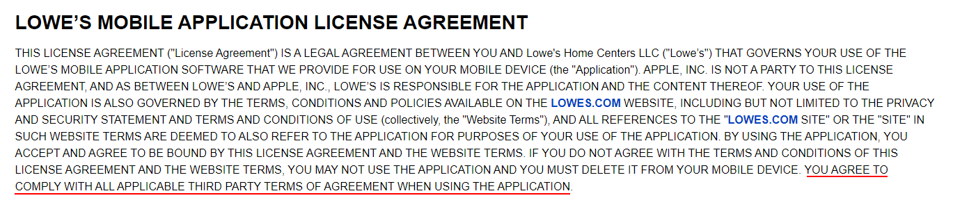 Lowes Mobile App License Agreement: Intro clause - Third Party section