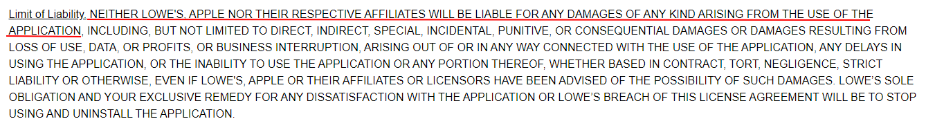 Lowes Mobile App License Agreement: Limit Liability clause