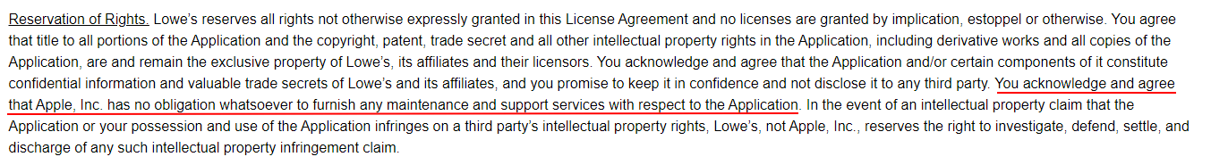Lowes Mobile App License Agreement: Reservation of Rights clause