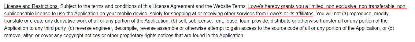 Lowes Mobile App License Agreement: License and Restrictions clause