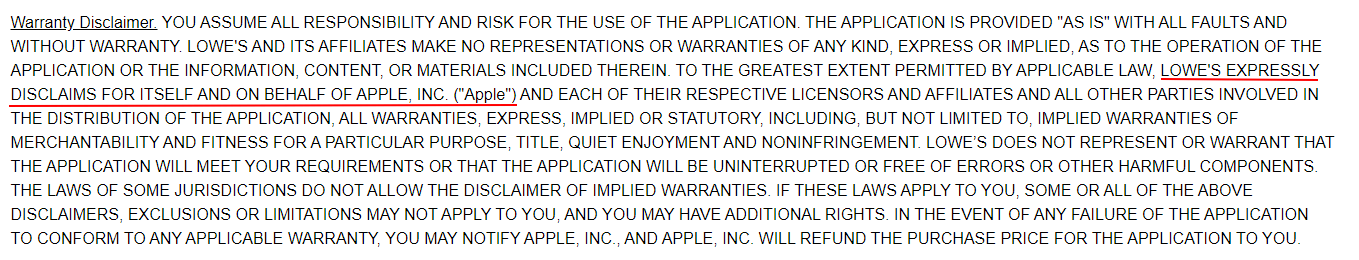 Lowes Mobile App License Agreement: Warranty Disclaimer clause