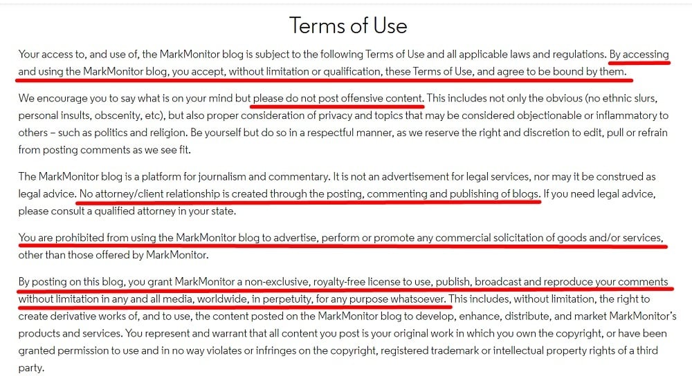 MarkMonitor blog Terms of Use: Intro section