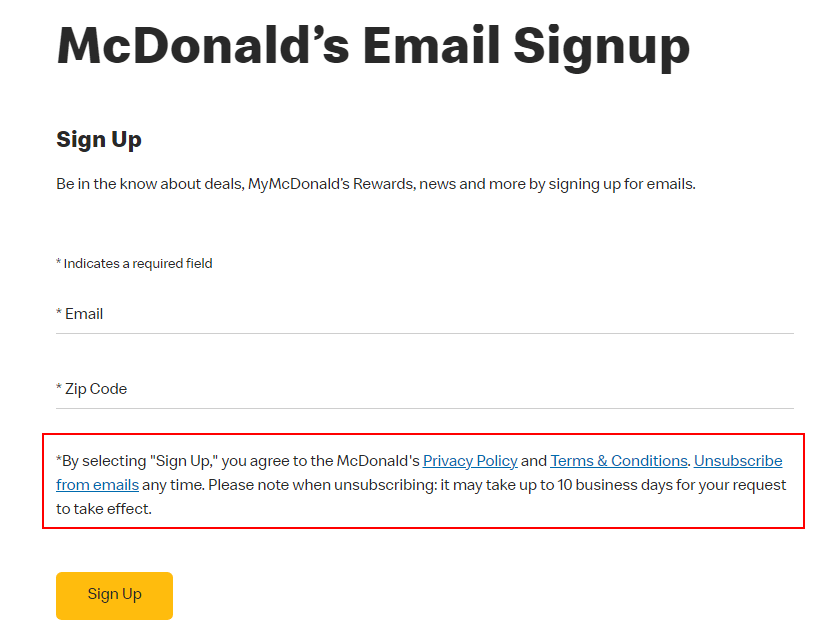McDonalds Email Sign-up form with browsewrap Agree section highlighted
