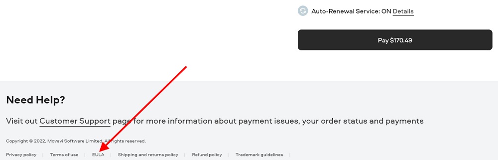 Movavi checkout page with EULA link highlighted