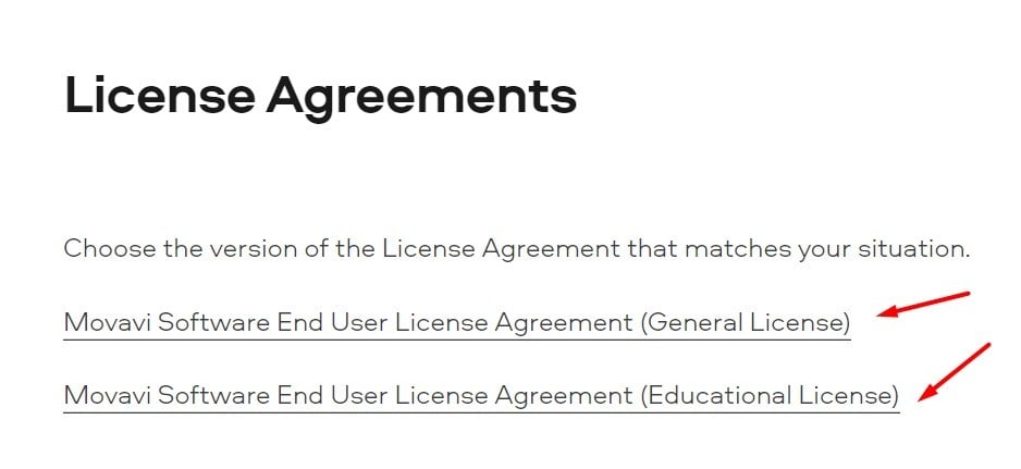 Movavi License Agreements page with EULA links highlighted