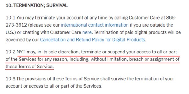 New York Times Terms of Service: Termination clause excerpt
