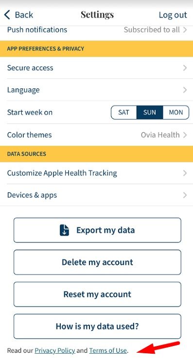 Ovia Health app Settings menu with Terms of Use link highlighted