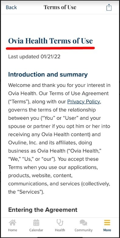 Ova Health app Terms of Use page - Intro section