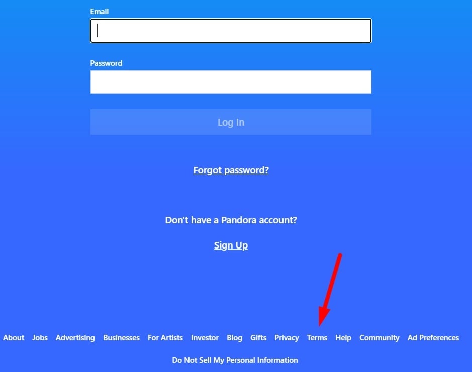 Pandora login form with Terms link highlighted