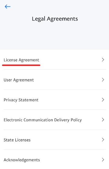 PayPal app Legal Agreements menu with License Agreement link highlighted