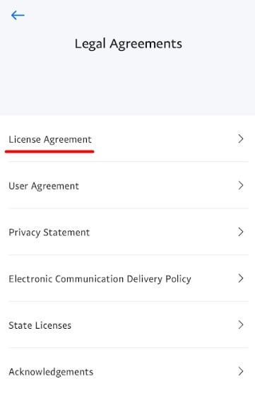 PayPal app Legal Agreements menu with License Agreement link highlighted